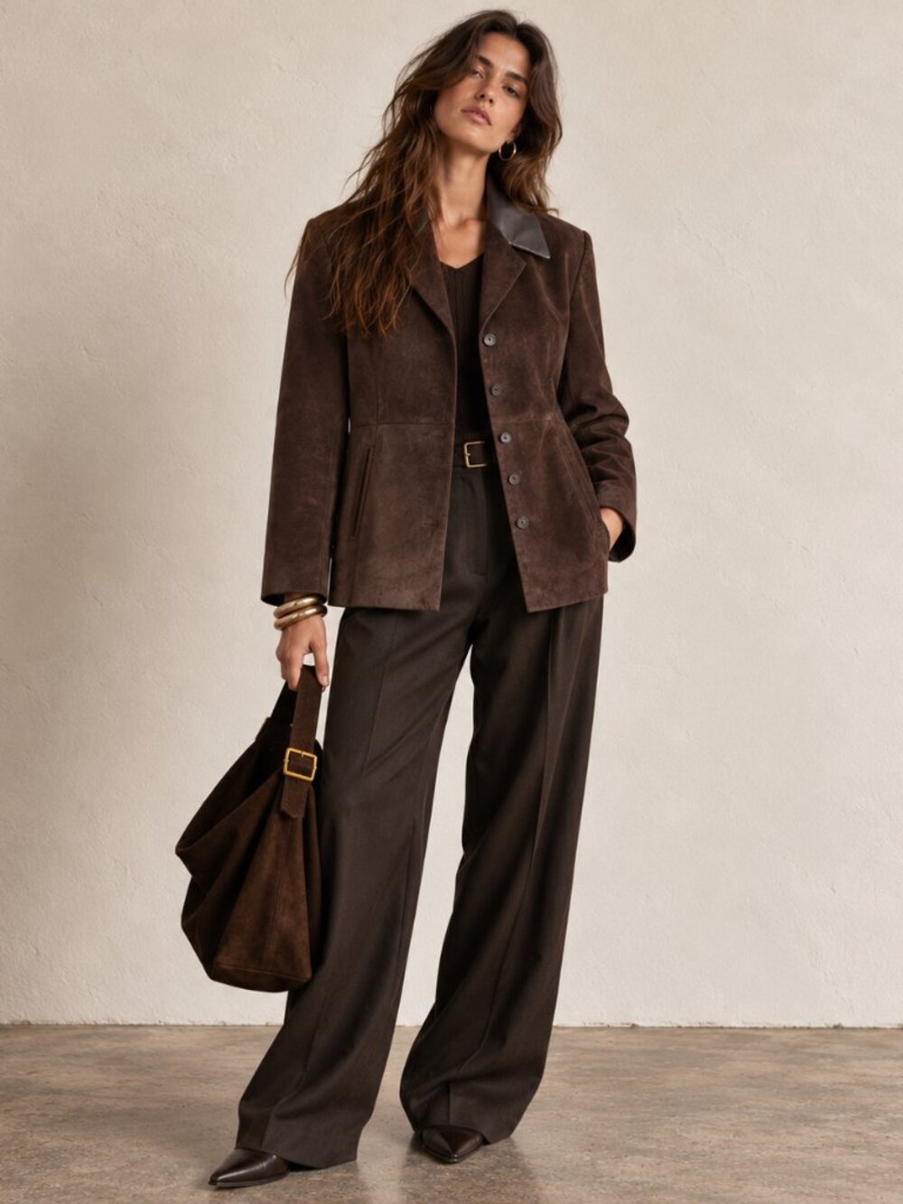 Danier Women's Dark Brown Suede Button Jacket with Leather Collar